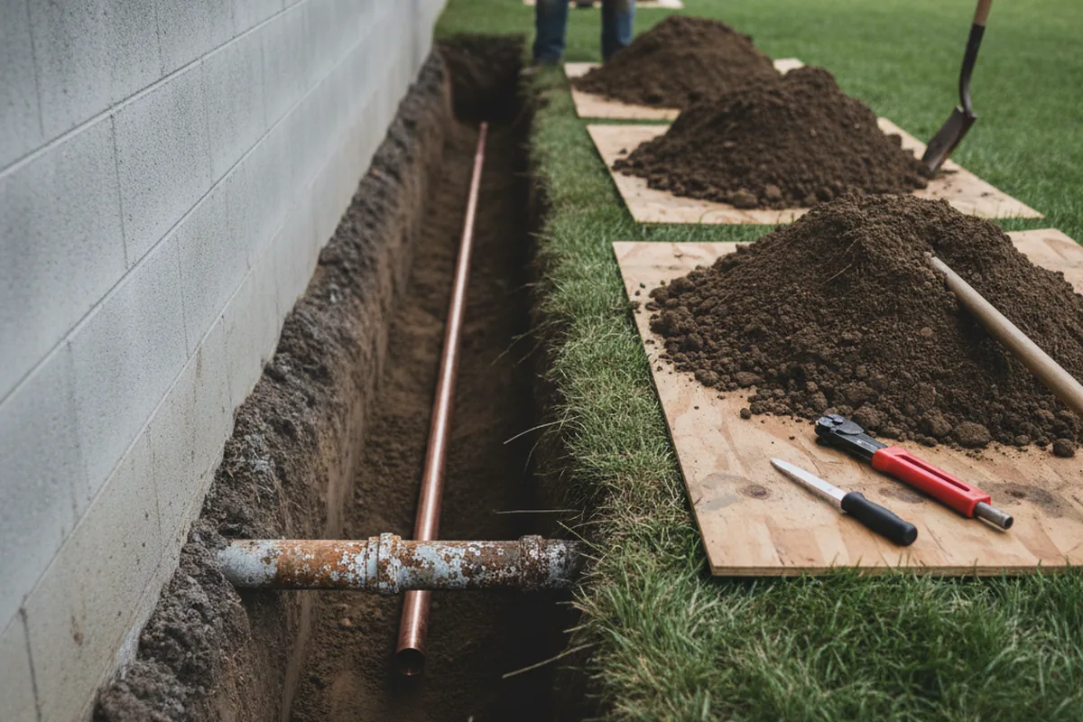 Excavated water line trench during Sewer Line Repair in Gallaway